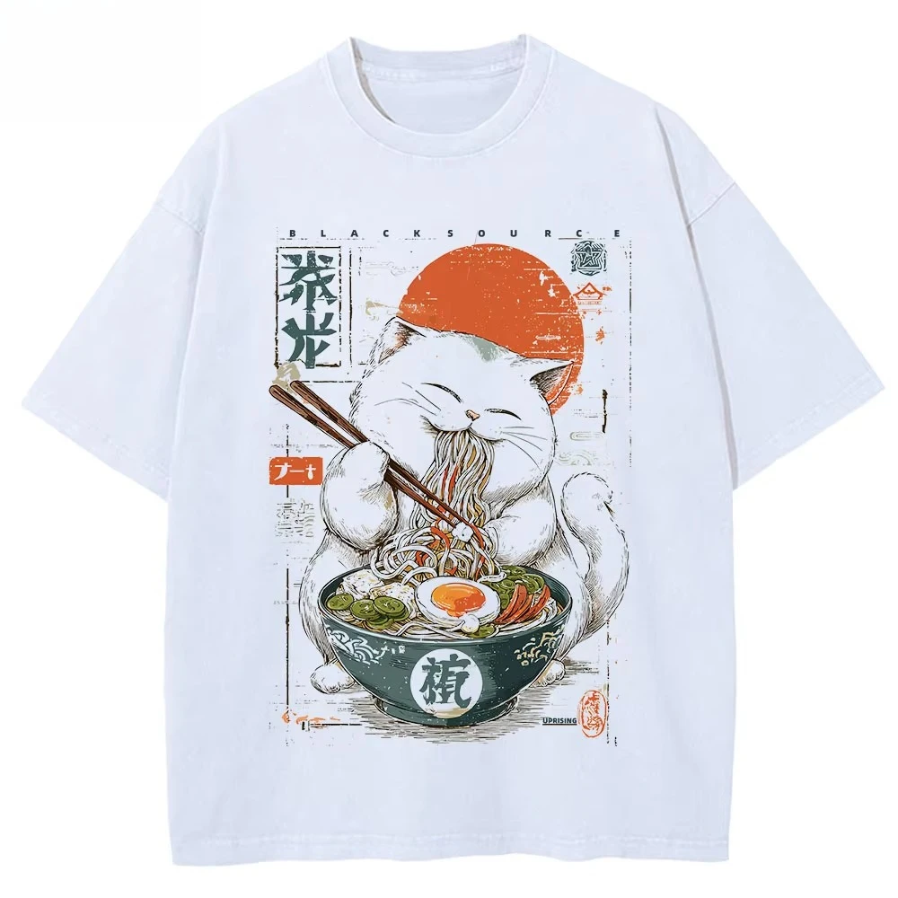 Cute Japanese Cat Ramen Graphic Washed Cotton T‑shirt Men Unisex Summer Short Sleeve Harajuku Streetwear Casual Tops