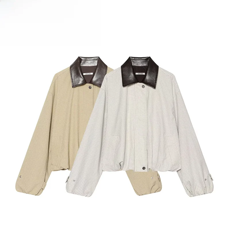 Fashionable Plaid Color Block Collar Jacket Women's Standard Fit Polyester Long Sleeve Coat Versatile Autumn New Arrival