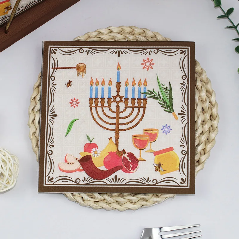 10Packs/200Pcss Disposable Jewish Holiday Napkinsck 33x33cm 2Ply Menorah Table Serviettes Hanukkah Feast Party Gift Decor