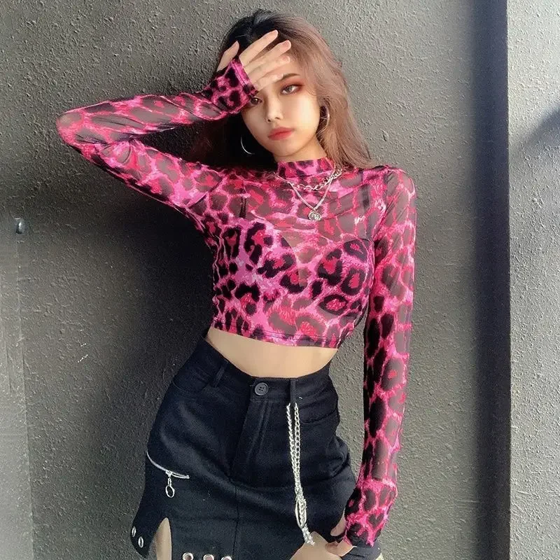 女性用長袖Tシャツ,クロップトップ,ヴィンテージ,セクシー,ピンク,ヒョウ,カジュアル,ストリートウェア,コルセット,女性用ブラウス