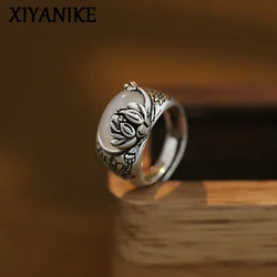 XIYANIKE Ethnic Thai Silver Lotus Stone Cuff Finger Rings For Women Girl Vintage Fashion New Jewelry Gift Party anillos mujer