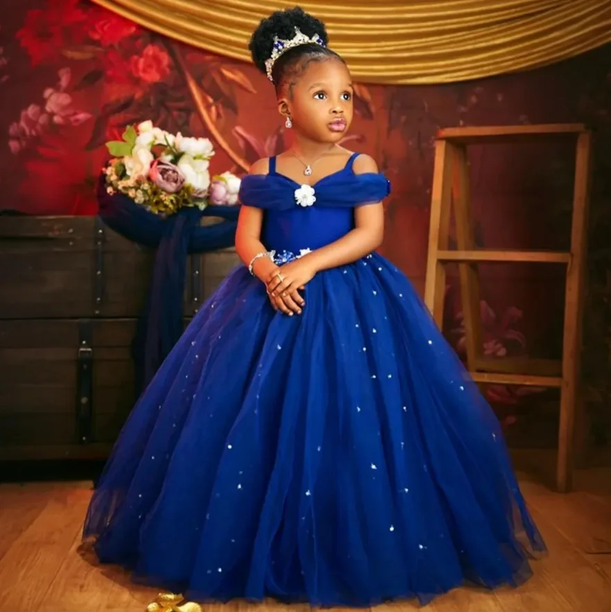 

Luxury Royal Blue Flower Girls Dresses For Weddings Tiered Tulle Pearls Birthday Party Dress Girl Prom Gowns for Photoshoot