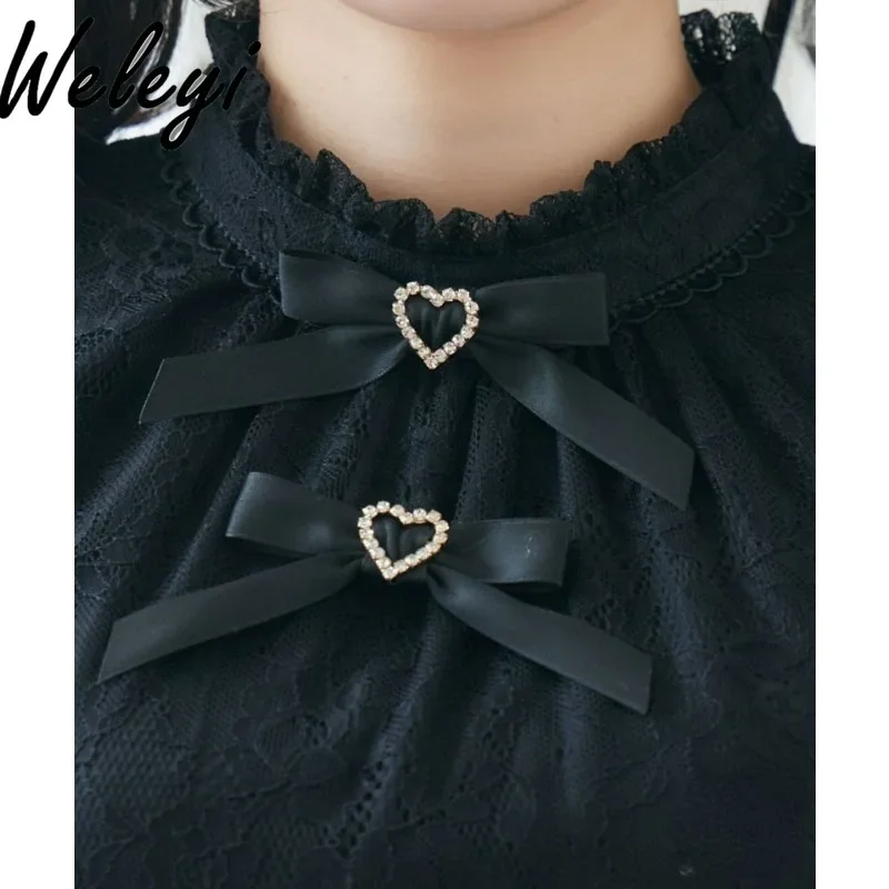 Kawaii Blouse Japanese Fashion Top Bow Lace Splicing Mine Series Mass Production Versatile Summer Short Sleeved Koszule I Bluzki