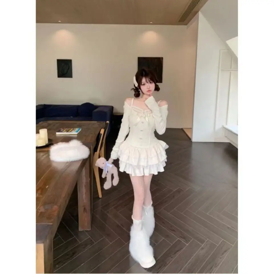 Japanese Elegant Kawaii Two Piece Set Women French Vintage Sweet Mini Skirt Suit Female Korean V-neck Cardigan＋Cake Skirt 2024