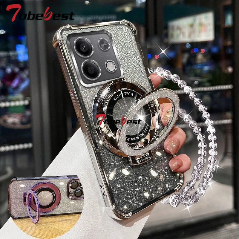 Shockproof Glitter Plating Crystal Bracelet Magsafe Phone Holder Case For Xiaomi Redmi Note 14 13 13R 12 11 10  9 Pro 4G 5G