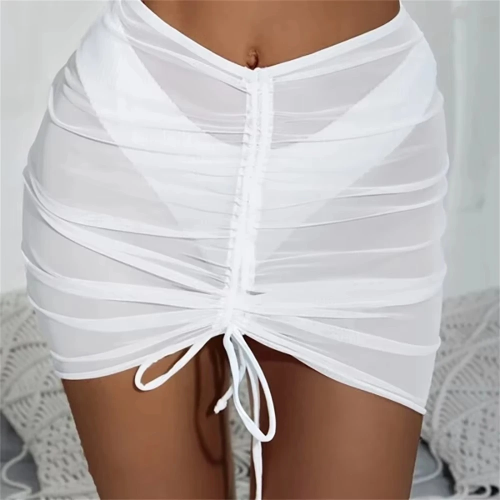 New Translucent Swimsuit Beach Skirt Mesh Drawstring Solid Gauze Skirt Ruffled Overskirt Seaside