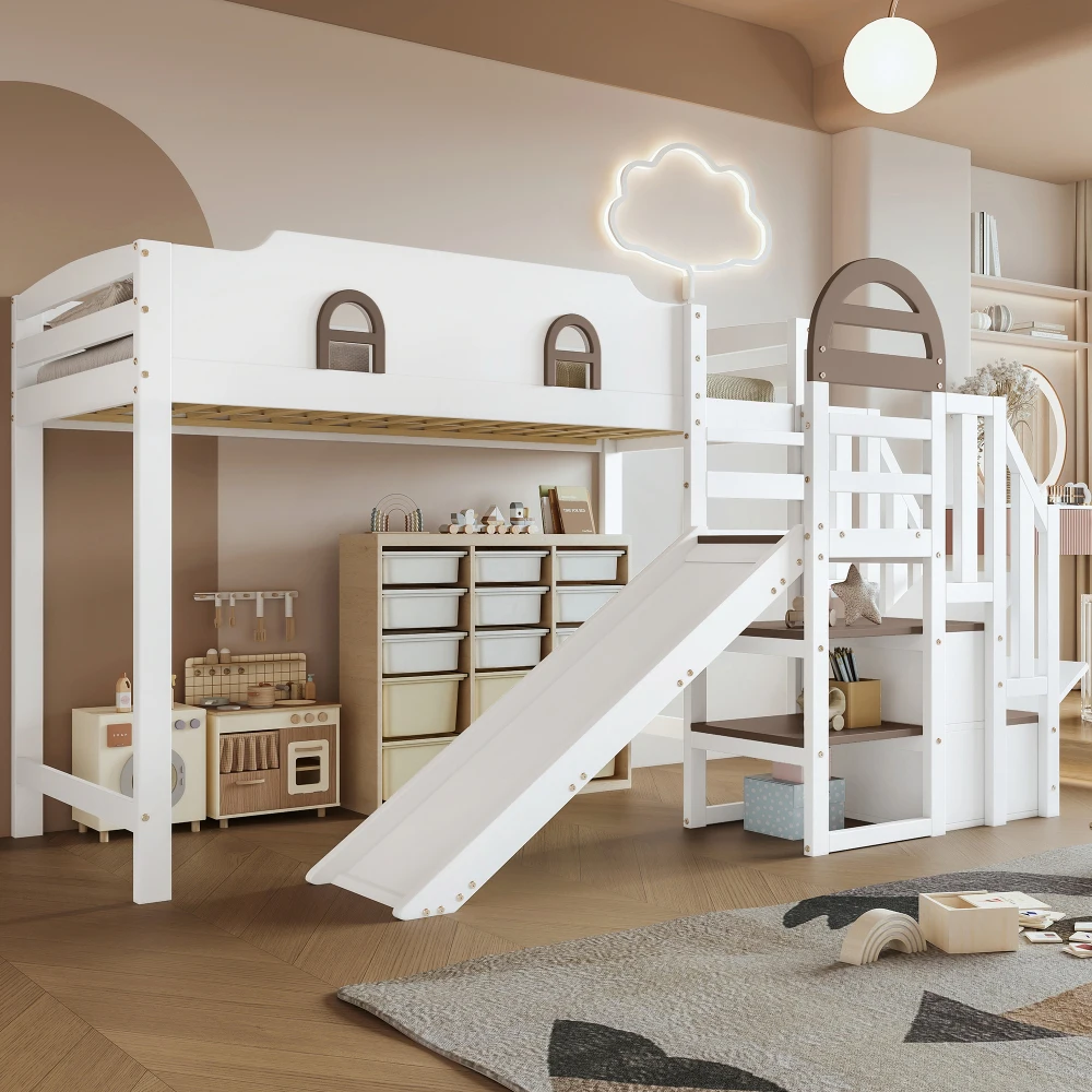 Lit superposé moderne pour enfants 90x200cm, lit avec fenêtre et toboggan, escaliers avec poignée et 2 casiers, design polyvalent, beaucoup de rangement