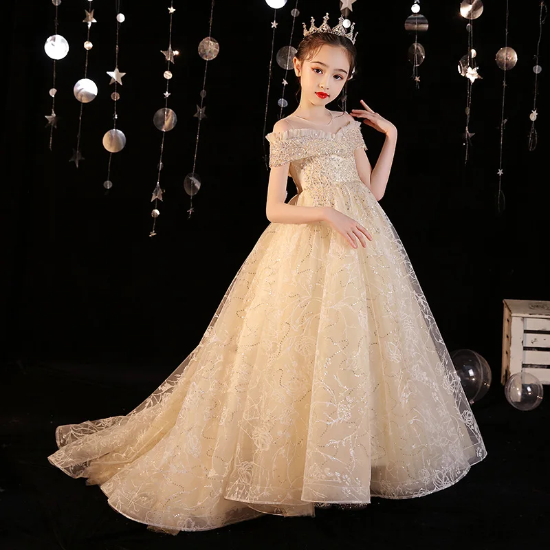 Kids Champagne Bridesmaid Evening Dresses for Girls Princess Costume Luxury 2023 Birthday Party Gown Formal Child Wedding Dress