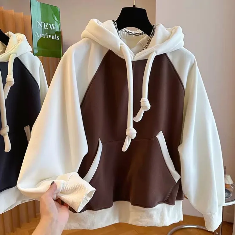 

Утепленная толстовка с капюшоном контрастного цвета для женщин, осенне-зимняя одежда для пар, студенческая искусственная толстая куртка из двух предметов, Ins
