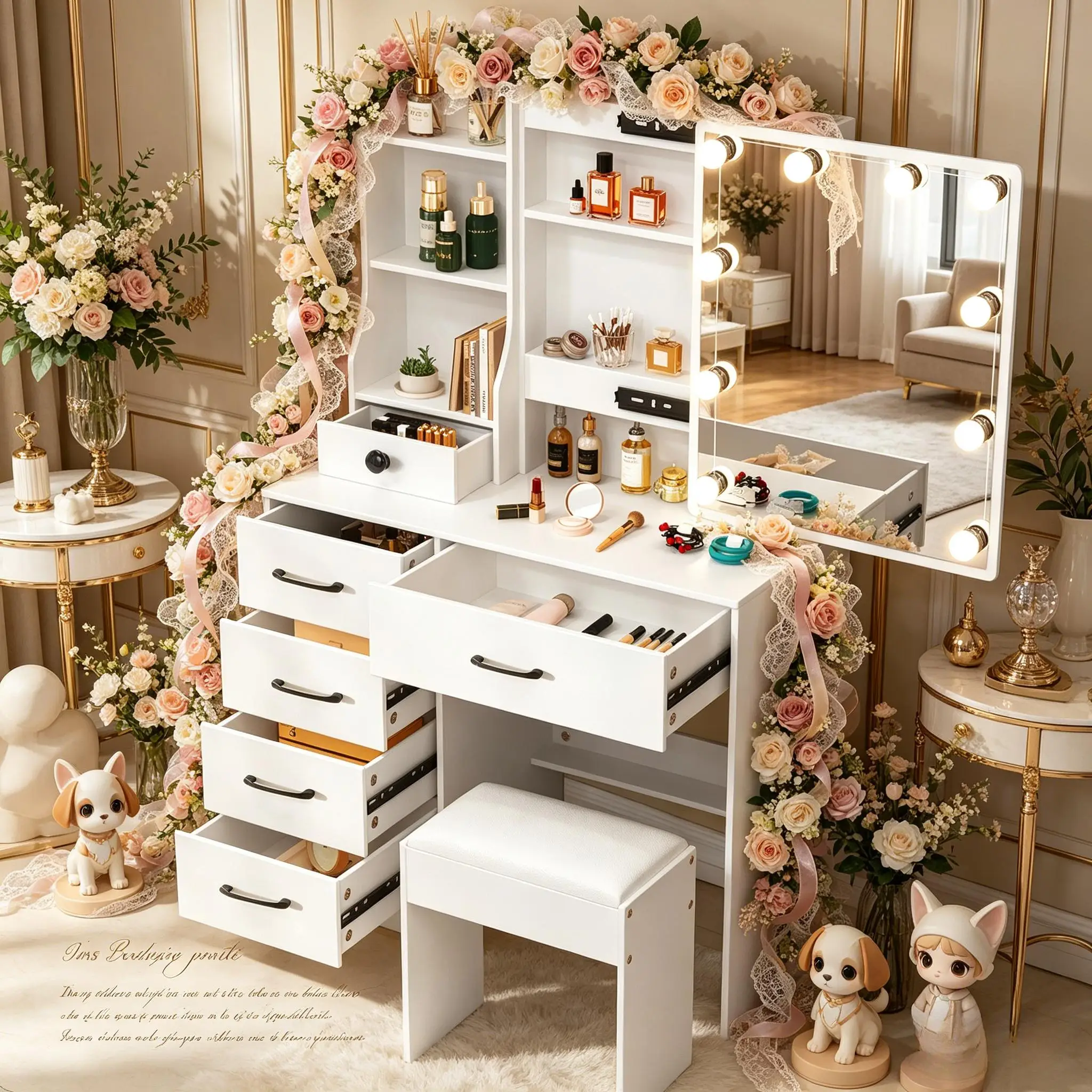 Modern Makeup Vanity Desk with 10 Bulbs Lighted Sliding Mirror, Dressing Table with Storage Drawers, Open Shelves & Padded Stool for Women Bedroom