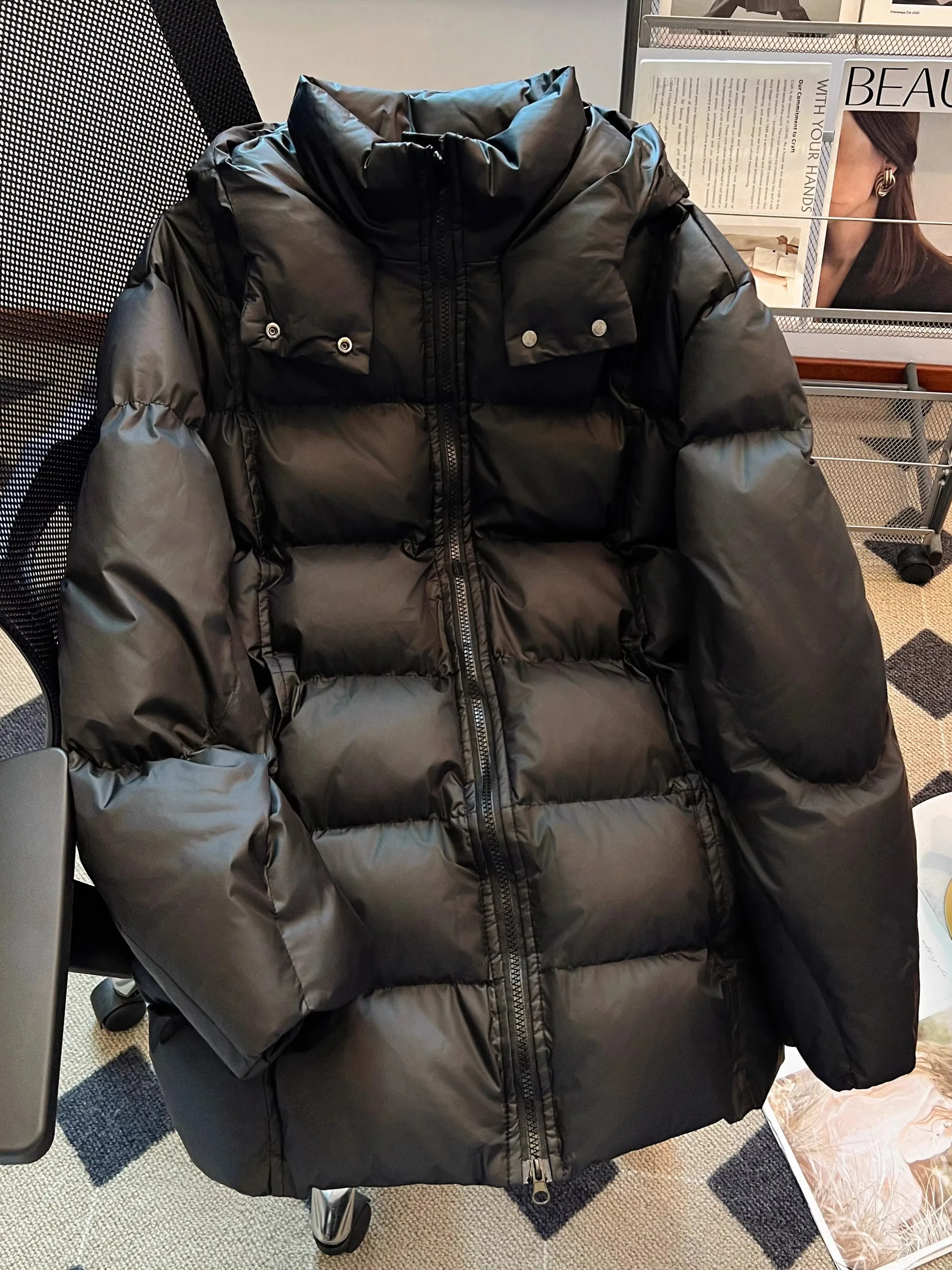 

Elegant Black down Cotton Jacket Shoulder-Length Women's Winter Coat plus Size Comfortable Korean Style Long Sleeve Stand Collar