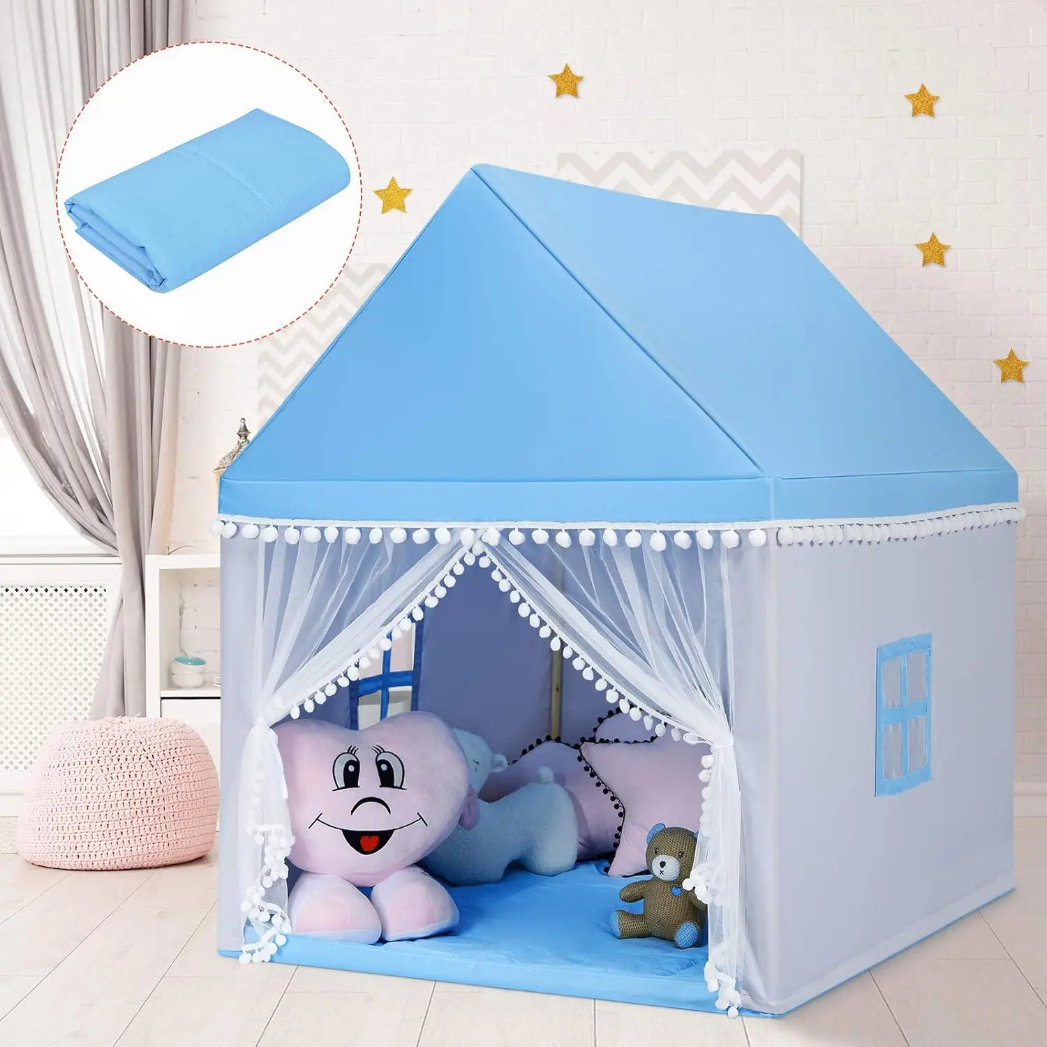 Tente de jeu pour enfants, grande maison de jeu avec tapis lavable, fenêtres, cadre en bois massif, tente de princesse intérieure et extérieure pour enfants garçons et filles