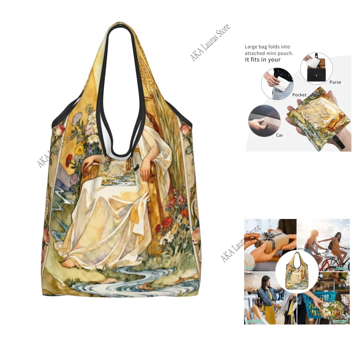 Goddess Abundance Nature Art Nouveau Watercolor Grocery Shopping Bag Shopper Tote Shoulder Bag Large Handbag