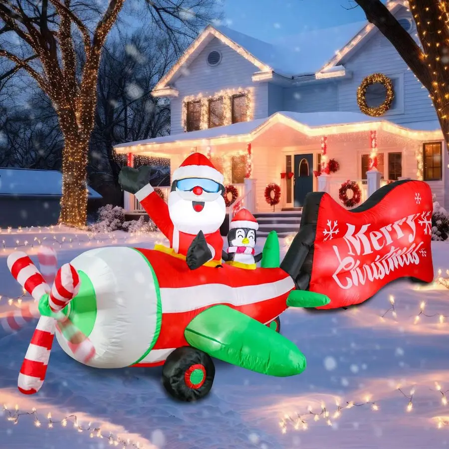 

10 FT Long Christmas Inflatables Santa Penguin Helicopter with Rotating Propeller Outdoor Decorations, Blow up Santa on Flying A
