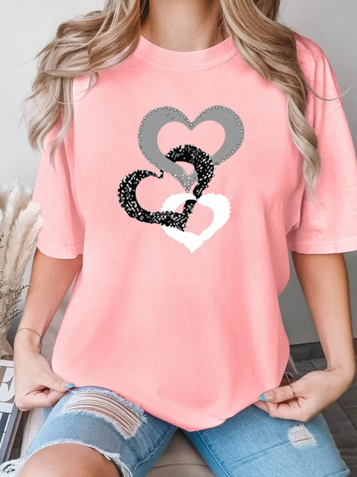 Cseta hoada de aodón para mujer, cseta informal fina con cuello redondo y manga corta con estampado de estilo urban...