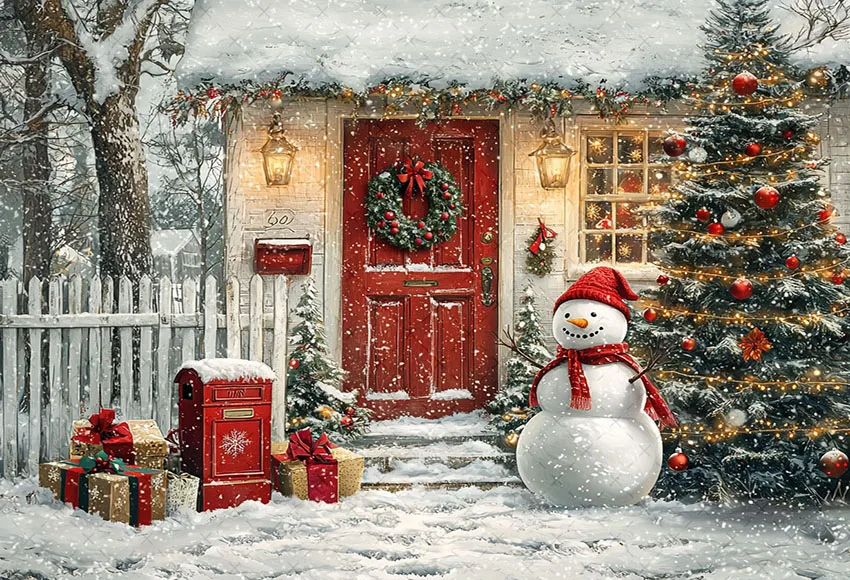 Mehofond Photography Background Christmas Front Door Snowman Winter Xmas Tree Kids Family Portrait Decor Backdrop Photo Studio