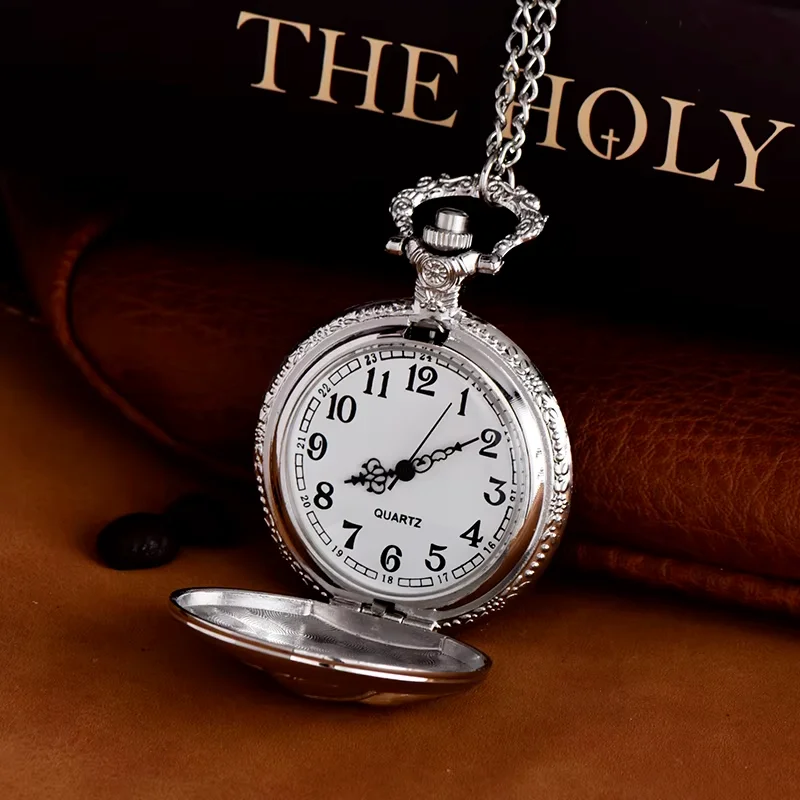 Classic large silver pocket watch Ancient palace castle design pocket watch quartz watch long necklace wall watch