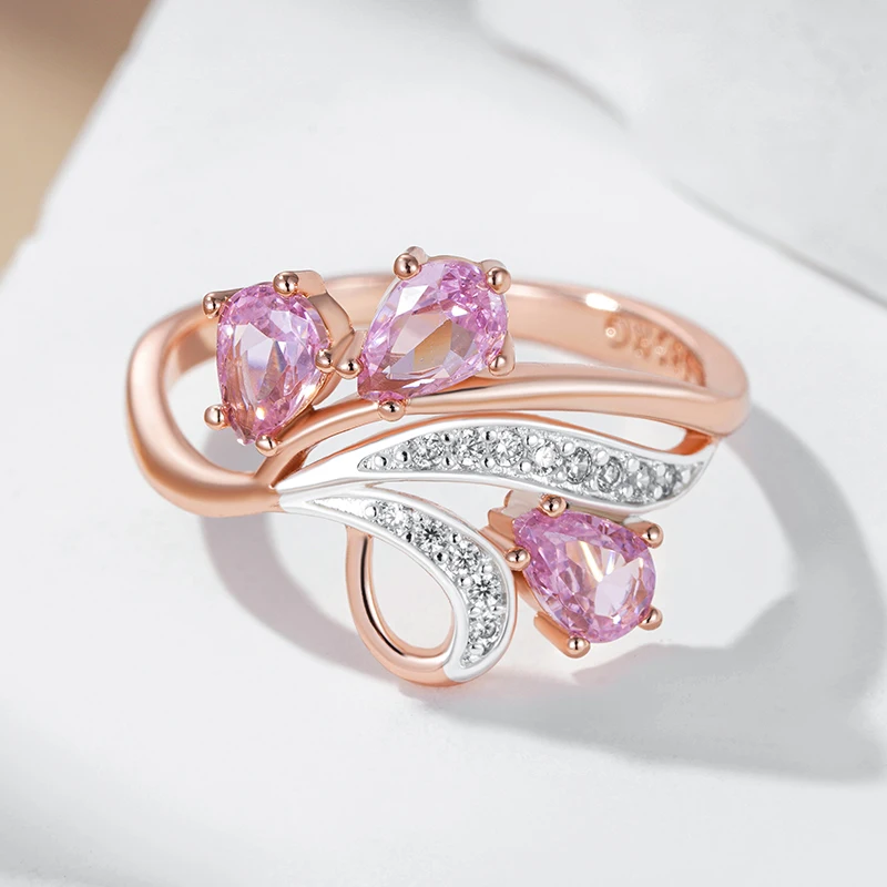 Kinel Hot Shiny Pink Natural Zircon Crystal Flower Ring For Women Fashion 585 Rose Gold Silver Color Mix Daily Ethnic Jewelry