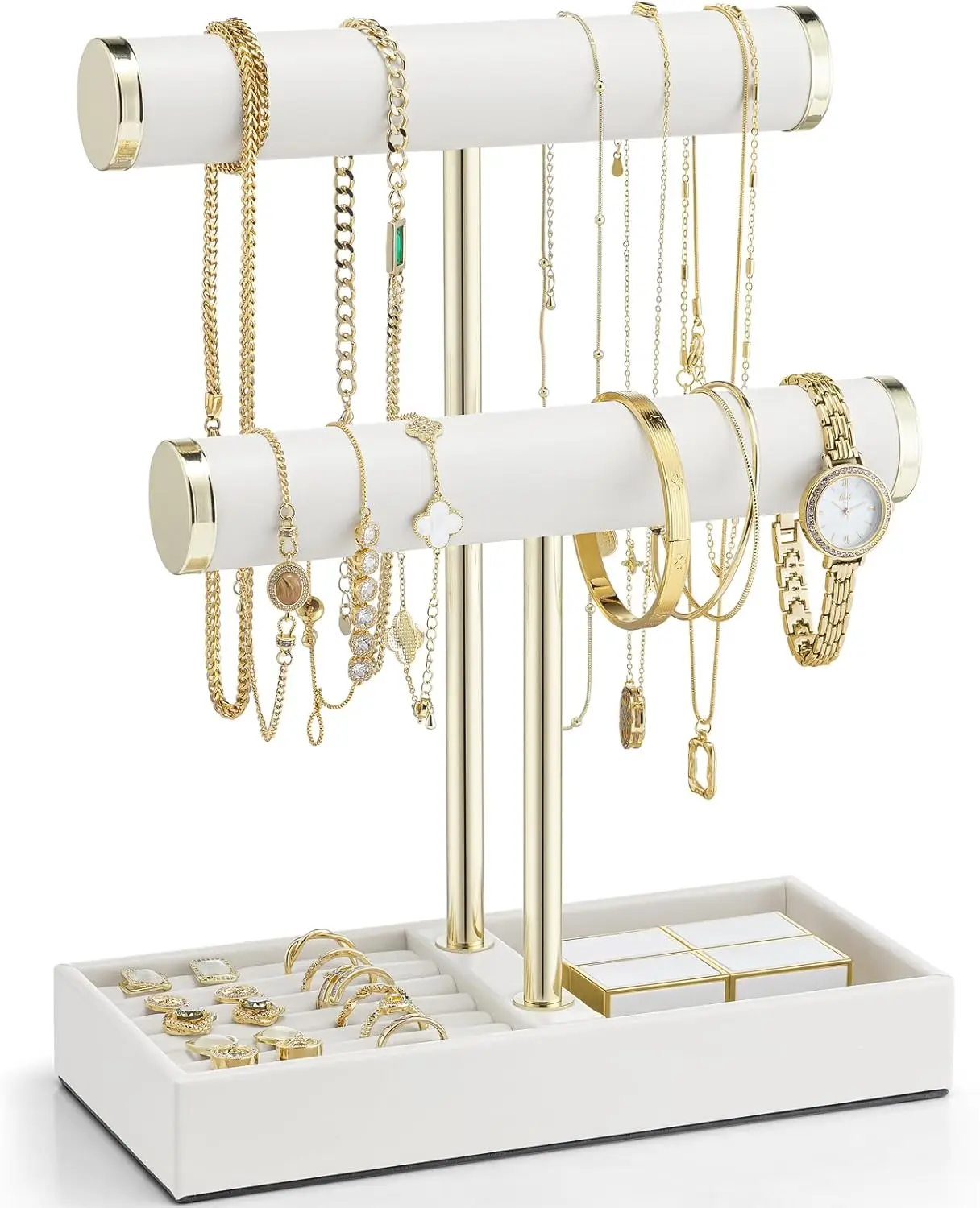 

2-уровневый кожаный держатель для украшений с подносом - органайзер для ожерелья, часов, колец, серег, браслетов - белый