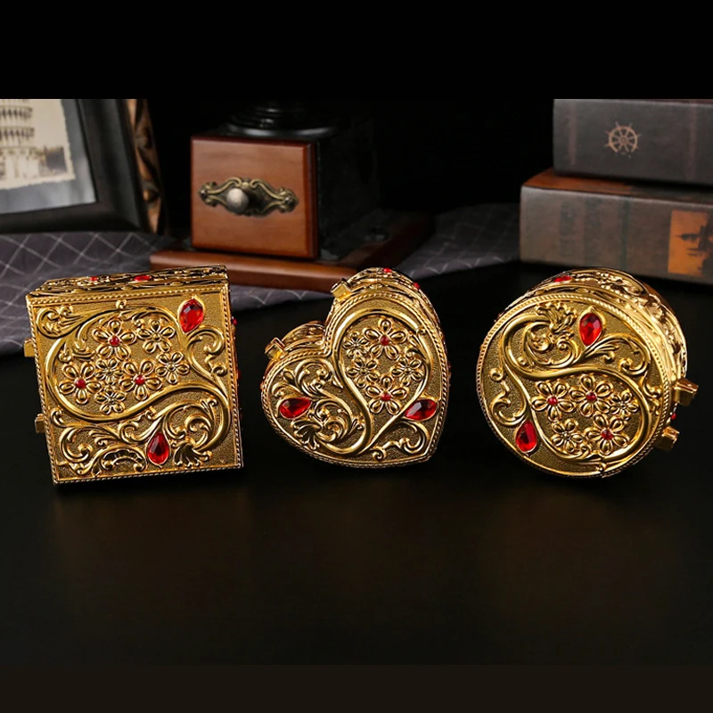 Vintage Heart Shape Jewelry Box Classic Golden Jewelry Storage Organizer Chest Earrings Treasure Organizer Gift Box for Women