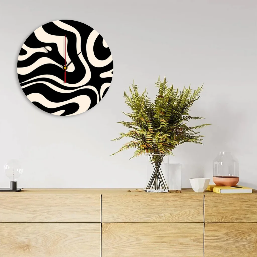 Modern Liquid Swirl Abstract Pattern Square in Black and Almond Cream Wall Clock Modern 3D for Home Office Hotel Restaurant