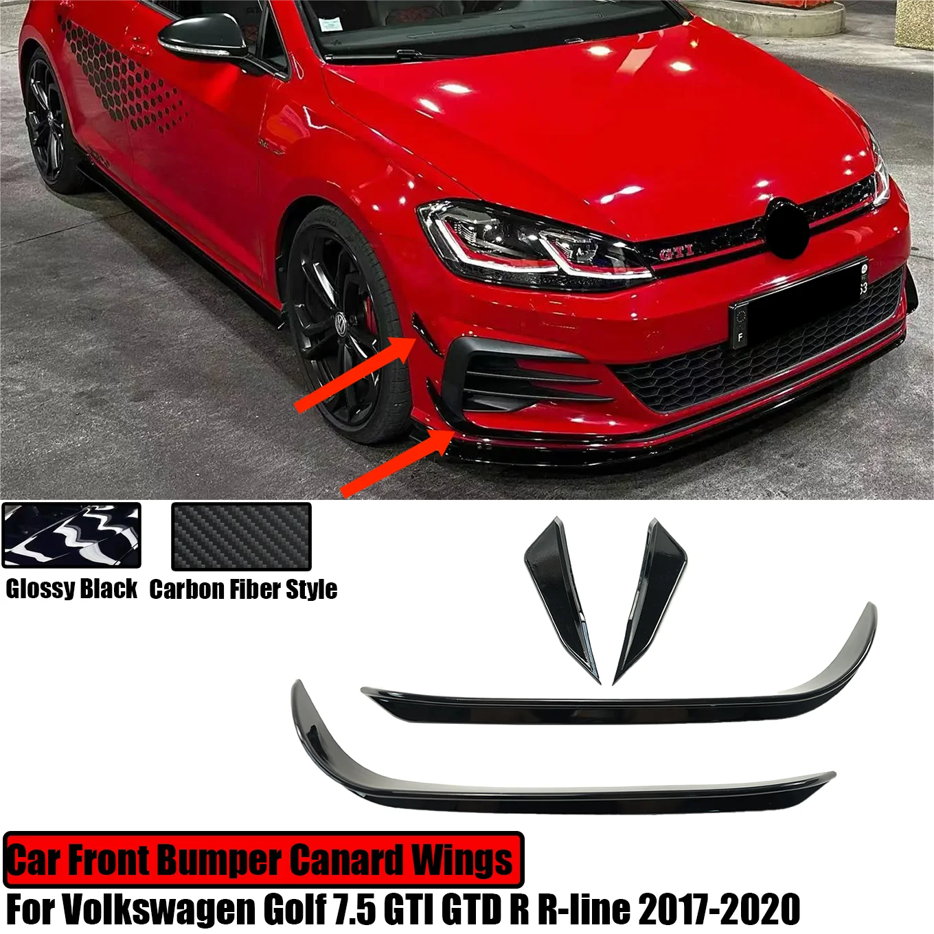 4PCS For Volkswagen Golf 7.5 GTI GTD R R-line 2017-2020 Front Bumper Aero Kit Canard Wings Carbon Fiber Style Glossy Black