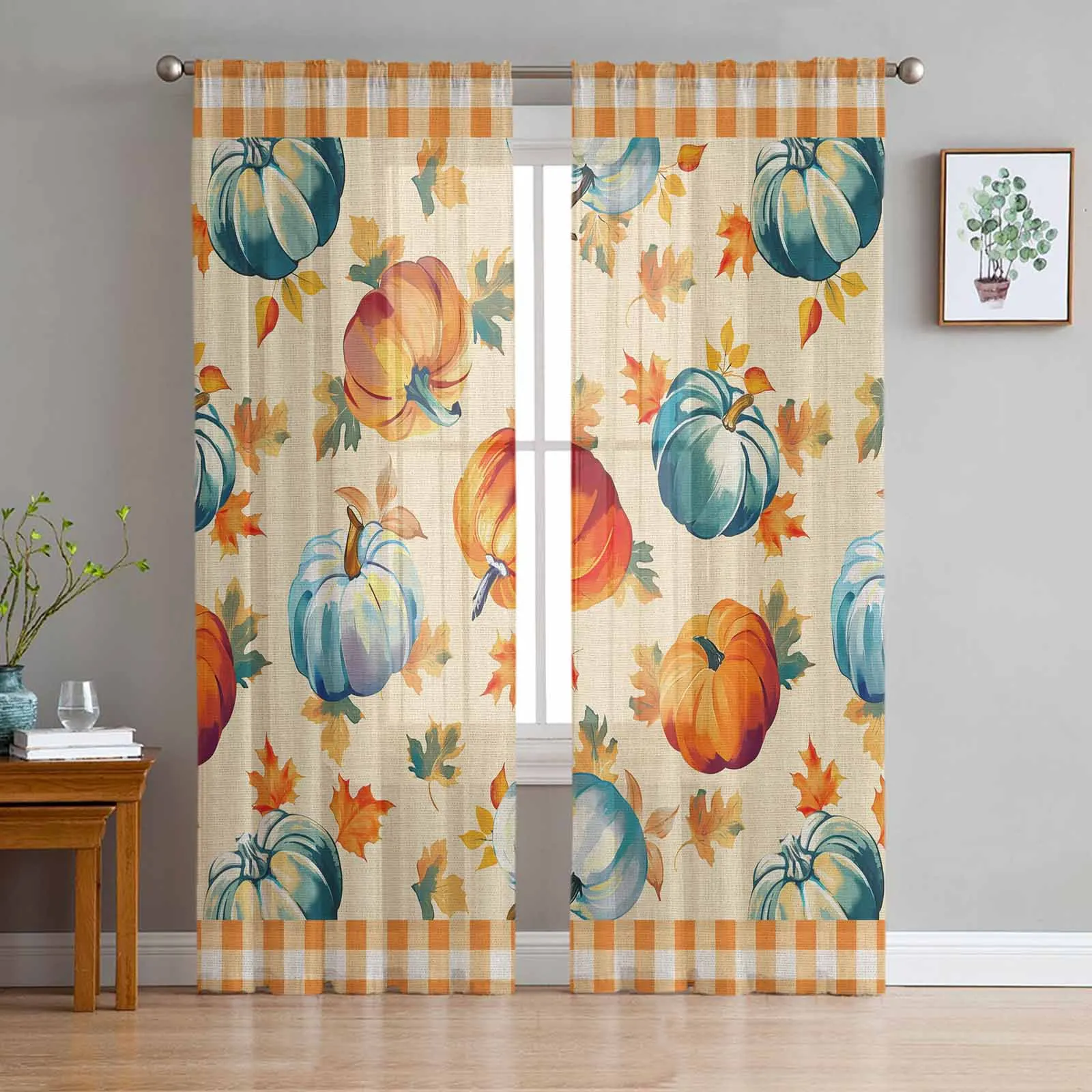 

Checkered Watercolor Pumpkin Leaf Festival Tulle Curtains For Bedroom Home Decor Living Room Kitchen Voile Curtains For Blind