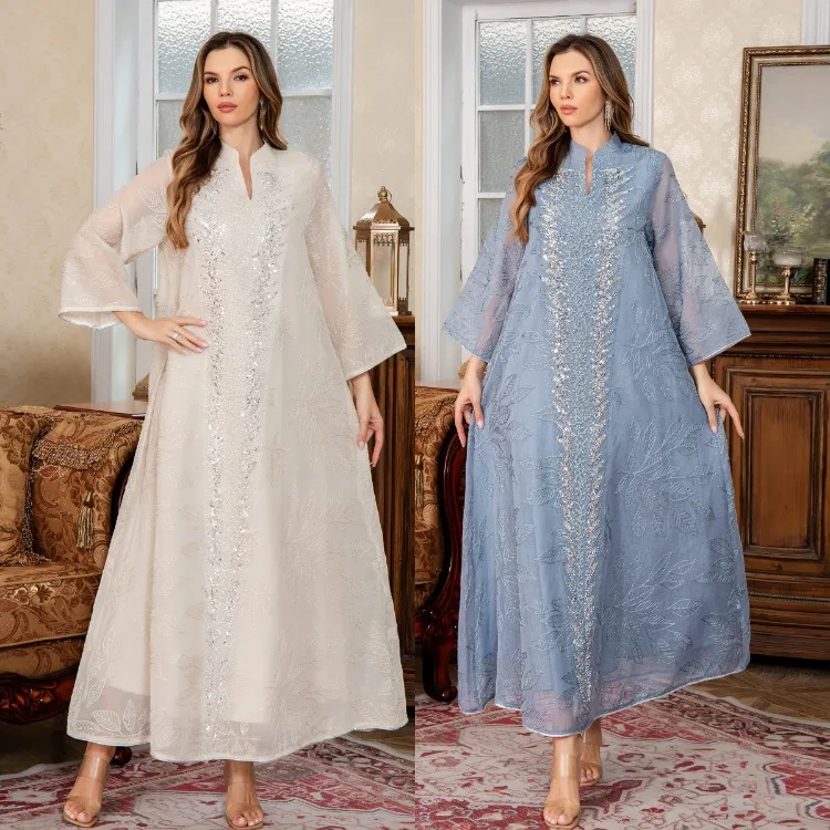 Uoozee 2026 New Middle East Muslim Women's Robe Sheer Long Sleeves Loose Sequin Embroidery Elegant Party Evening Maxi Dresses