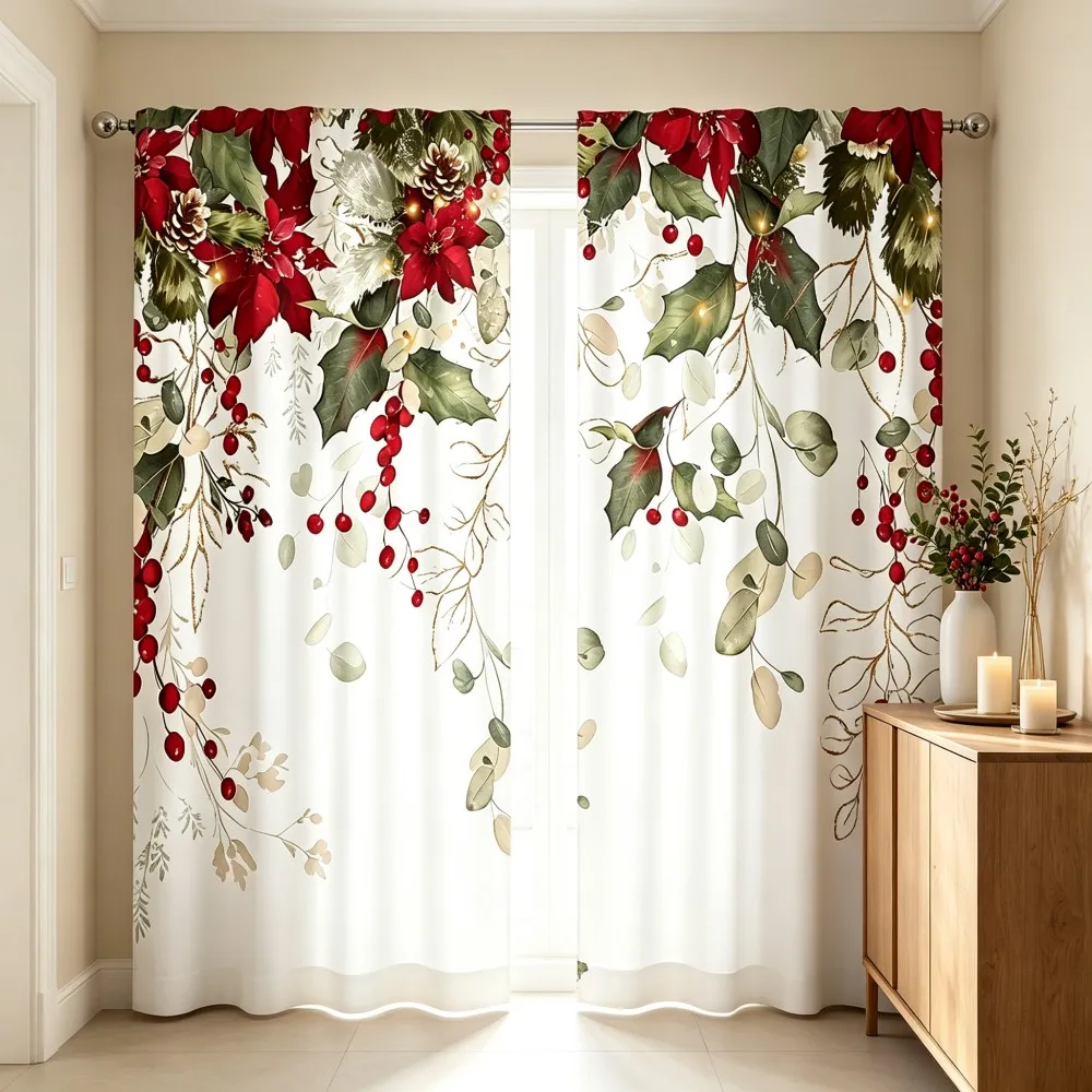 2PCS Christmas Winter Curtains, Watercolor Poinsettia Pine Berry Eucalyptus Leaf, Digital Print, Bedroom Living Room, Home Decor