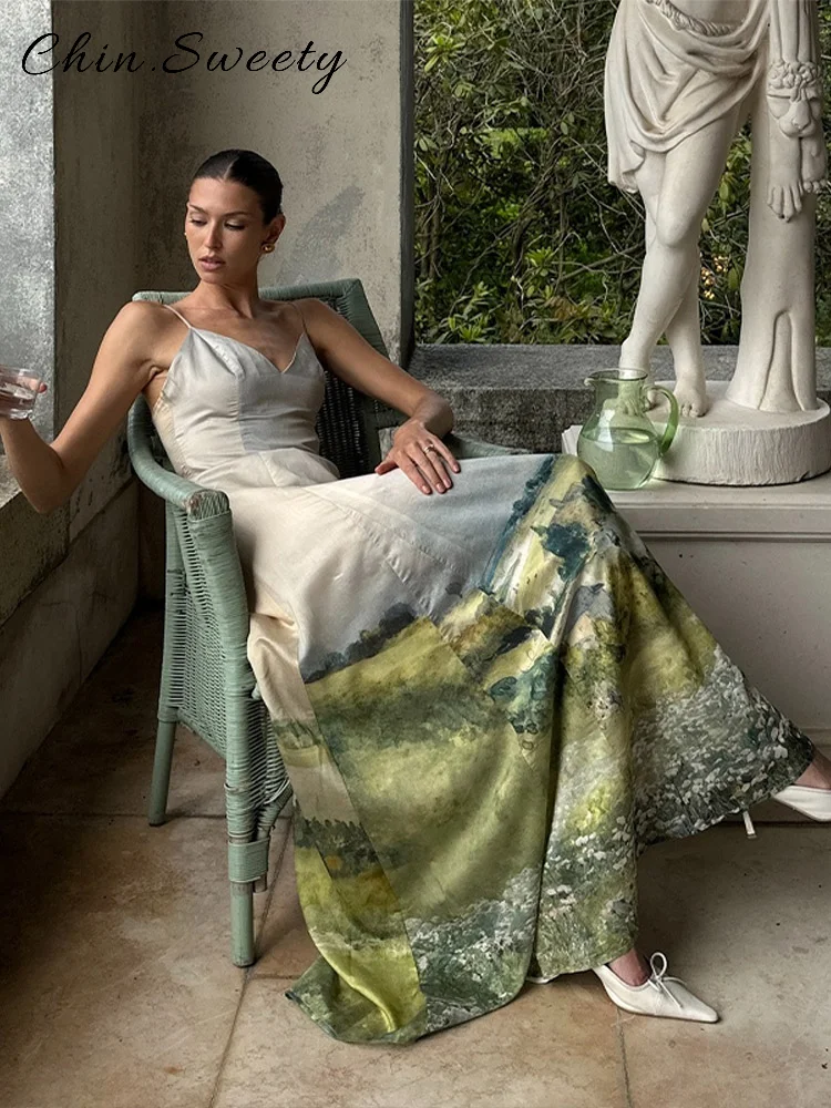 เซ็กซี่Tie Dyeชุดสลิงยาวผู้หญิงพิมพ์VคอBackless Maxiชุดหญิง 2025 ฤดูร้อนLady Beach Robes