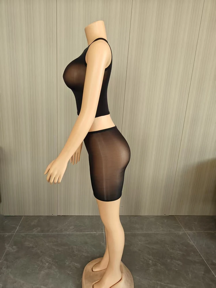 Damen 2-teiliges Mesh-Outfit, ärmelloses, durchsichtiges Crop-Top + Shorts-Set, sexy, durchsichtige, ärmellose, figurbetonte Clubwear, passende Sets – Detail 9