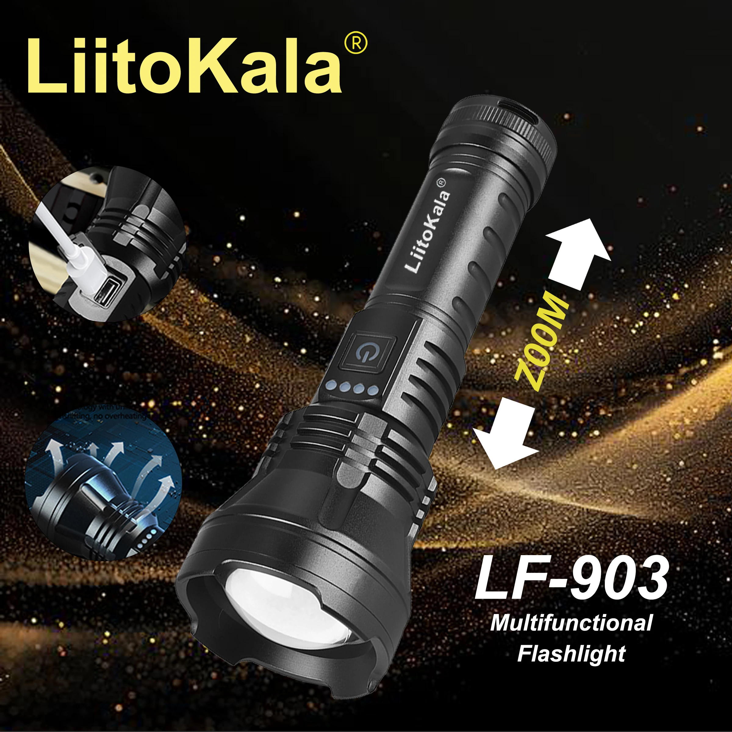 LiitoKala LF-903 26550 مصباح يدوي محمول عالي الكثافة للتخييم والتنزه في حالات الطوارئ كشاف خارجي