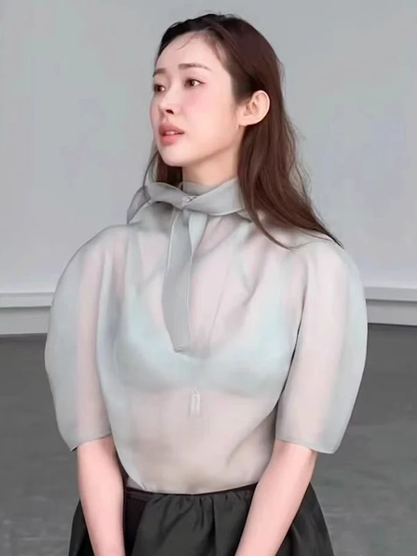 

Amomento ort Sve irt Женский кружевной прозрачный дизайн с узлом Ne Топ Весна Лето Faion Дышащий полиэстер