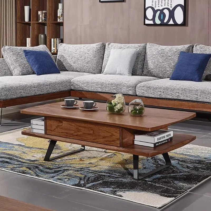 Modern design brown solid wood modular sofa wooden coffee table Nordic living room  set