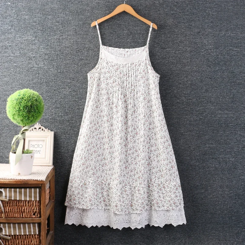 Japan Style Mori Girl Sweet Floral Print Lace Slip Dress Women Spaghtti Strap Casual Loose Vintage Cotton Dresses