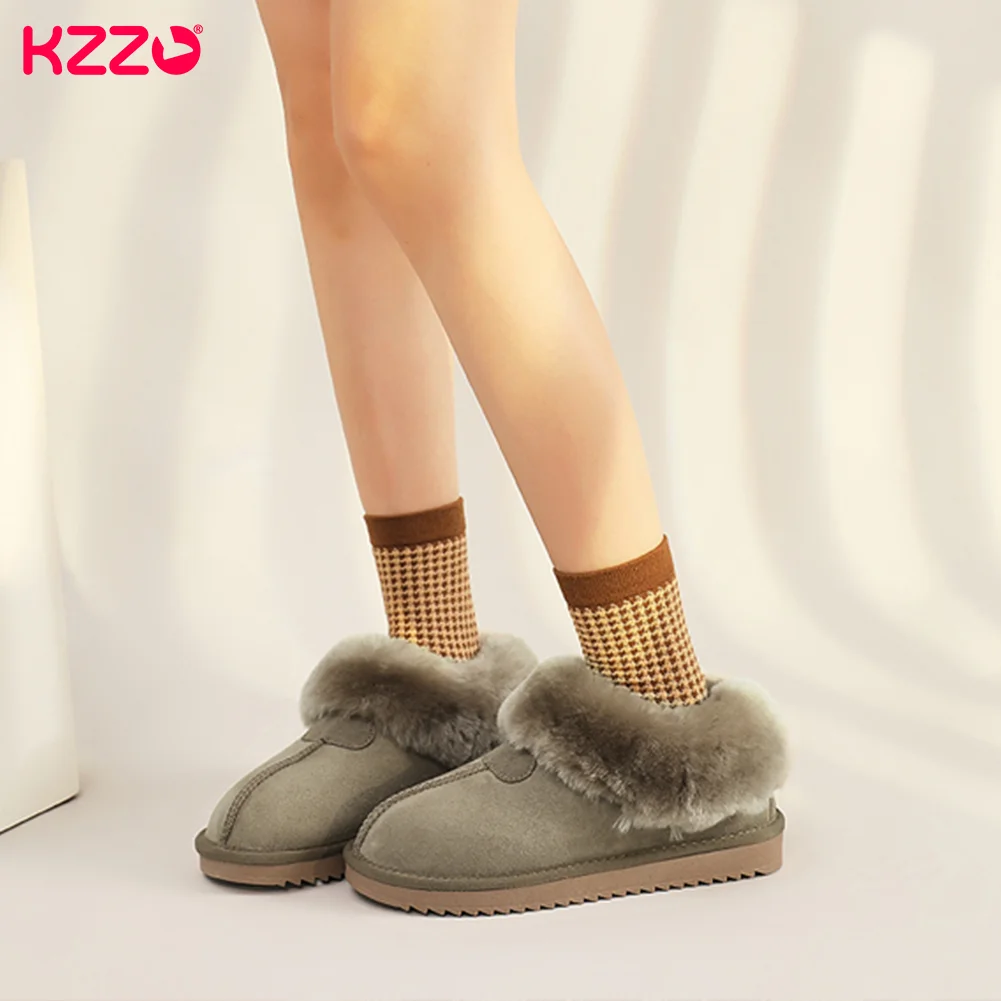 KZZO Australia Natural Wool Fur Mini Shallow Snow Boots Women Genuine Leather Casual Short Ankle Winter Warm Shoes Non-slip