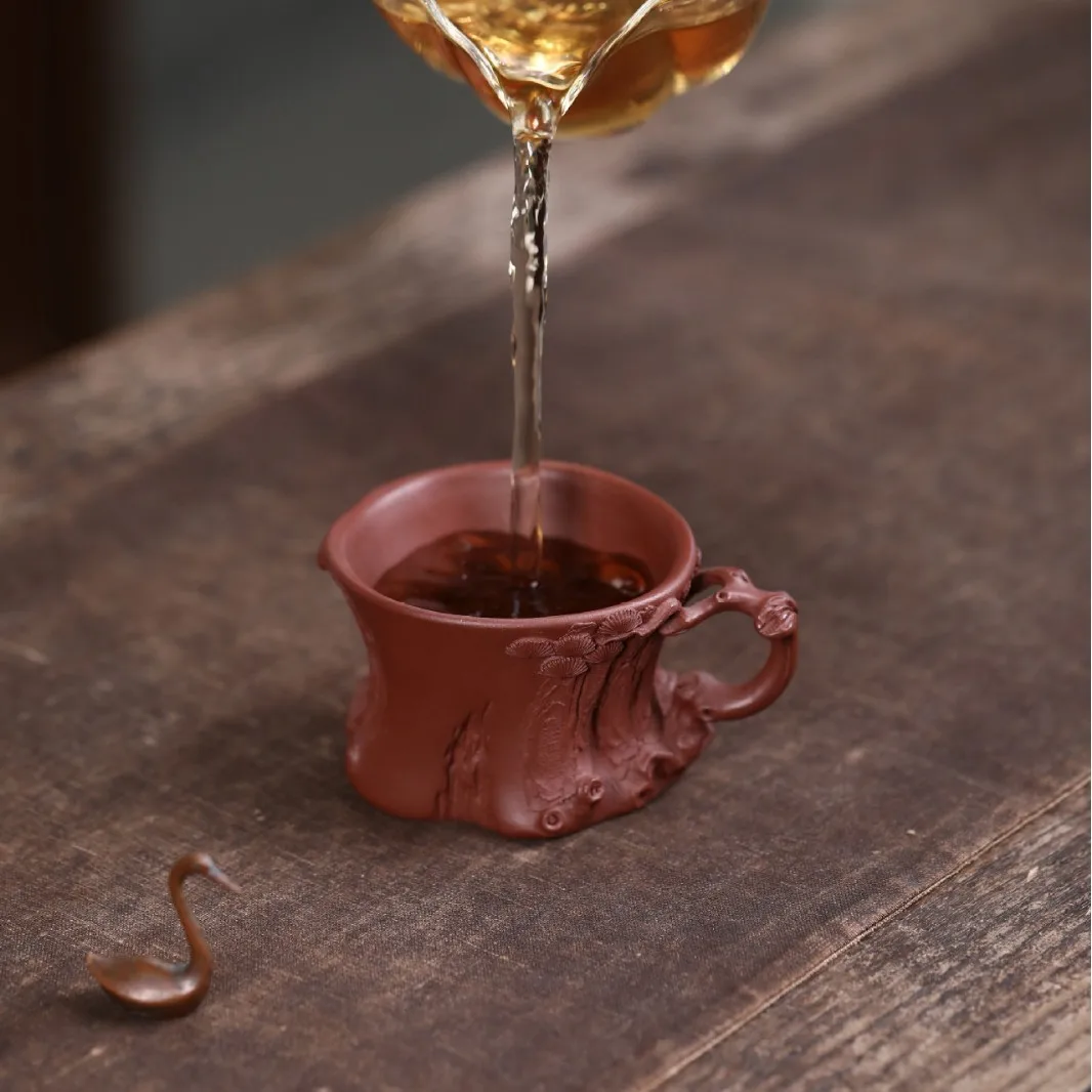 Yixing Cup With Pine And Plum Motifs, Handmade Decal Cup, Purple Clay Ceramic Tea Set