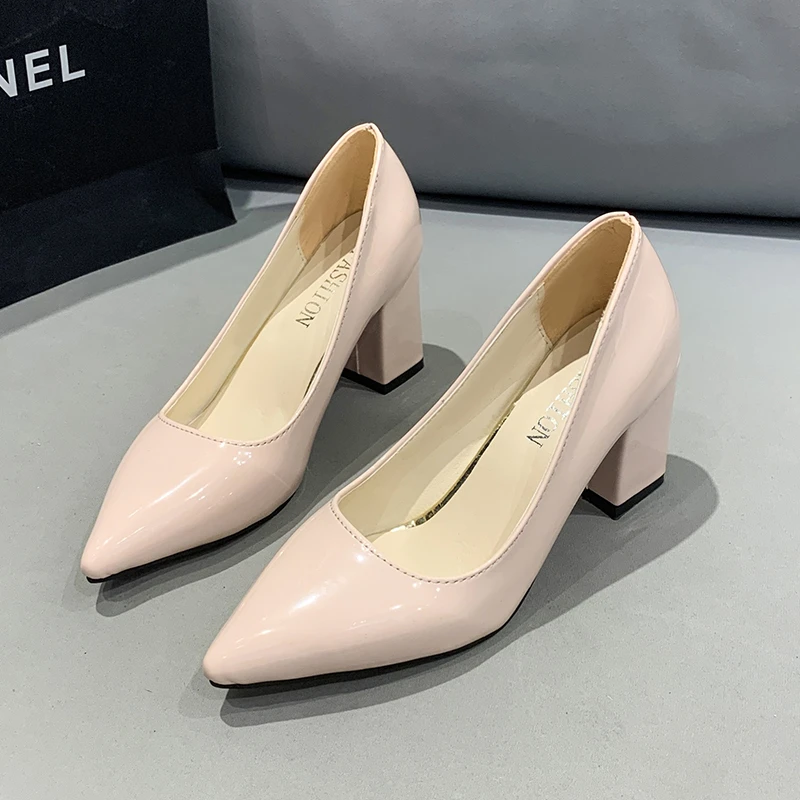 Women\'s High Heels Shoes Spring Summer Candy Colors Pu Leather Chunky Heel Female Pumps Pointed Toe Party Dress High Heels 2022