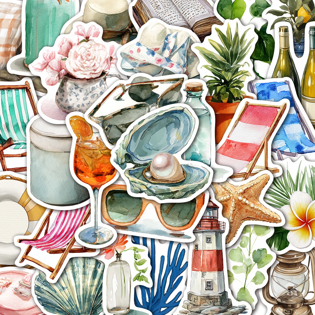 50Pcs Watercolor Coastal Summer Stickers | Beach & Ocean Waterproof Decals for Laptop, Water Bottle & Journal, Beach Fans & Gift