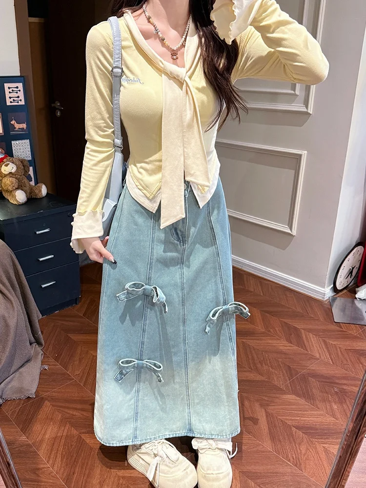 Women's Commuter Style Long Skirt Set with Long Sleeve Top Slim Fit Denim Half Cooked Cheese Fashionable Two-Piece Suit