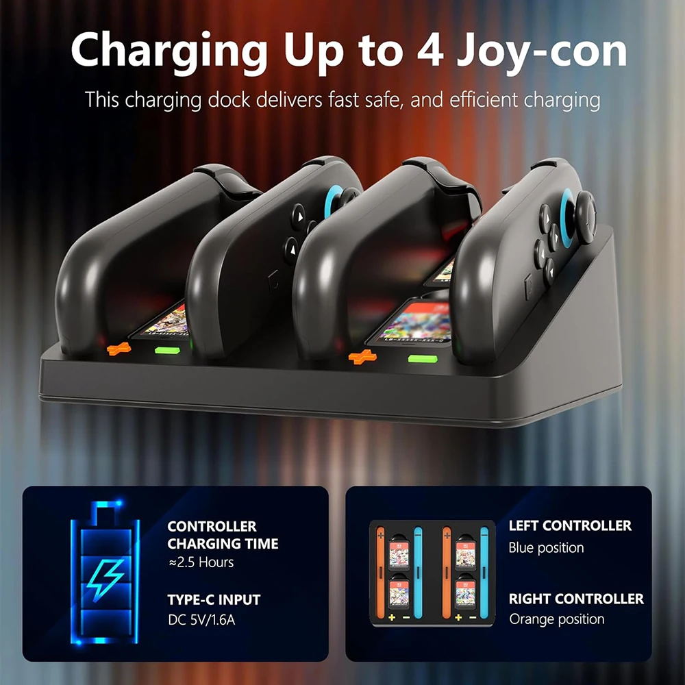 

Зарядная док-станция Switch2 поддерживает хранилище игровых карт и поддерживает зарядку с 4 контроллерами. Switch2 аксессуары