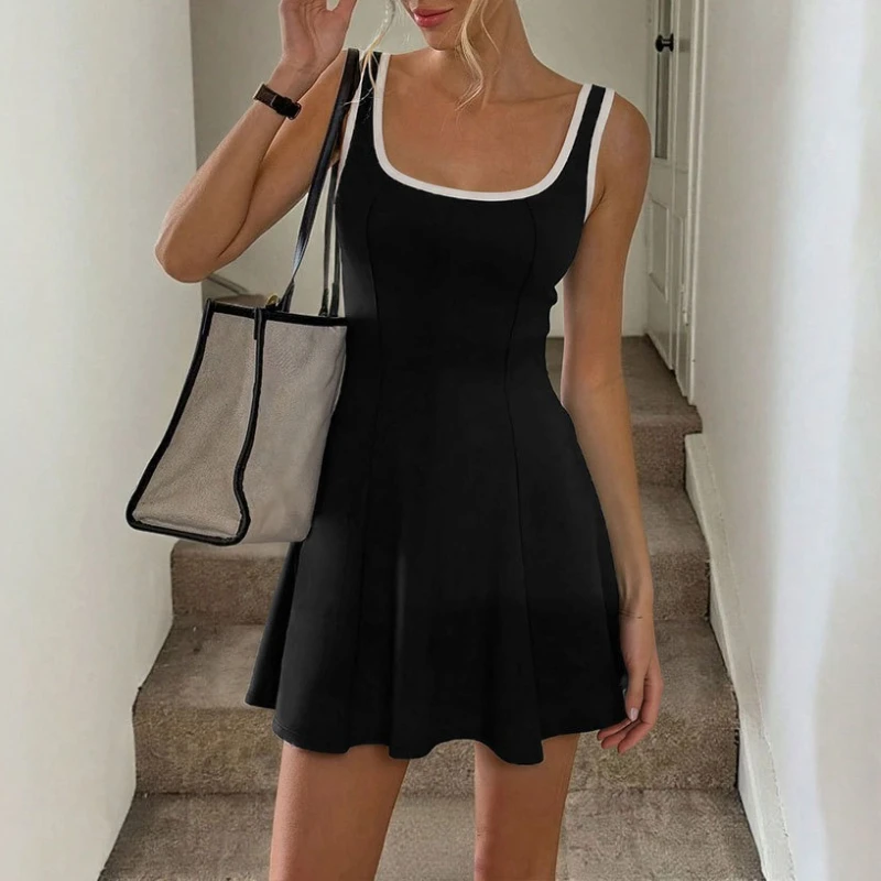 

Summer new sports style U-neck sleeveless contrasting color hemming slim and thin A-word short tennis dress dress women