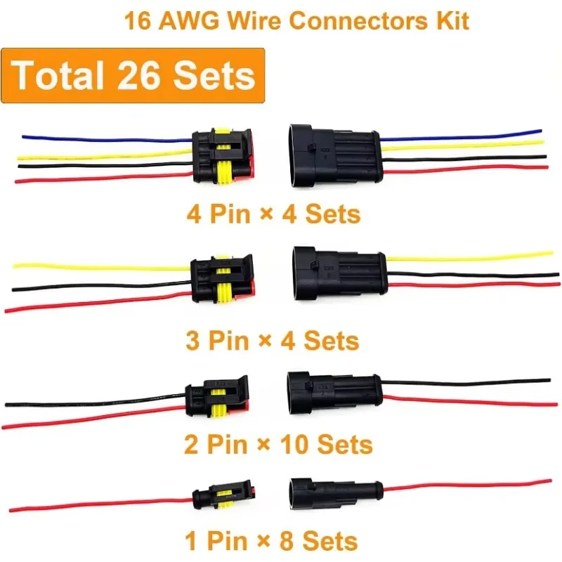 26Sets Pin Terminals Connectors 20AWG*10cm 1/2/3/4 Pin Electrical Waterproof 1.5mm Wire Automotive Quick Disconnect Connectors