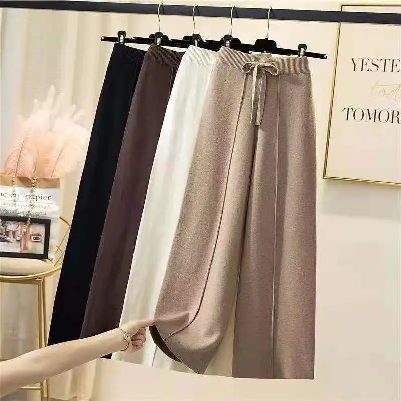 Knitted pants women spring and autumn high waist elastic drape drawstring loose casual mopping pants straight wide leg pants