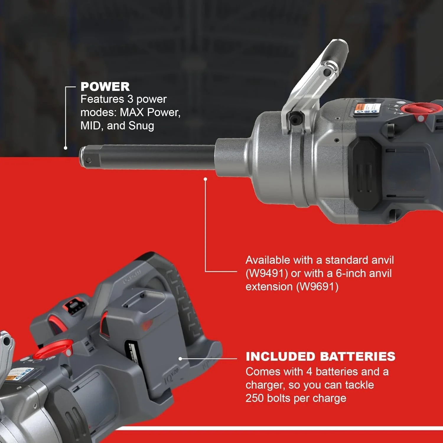 Hot SalesHot SalesW9691-K4E Kit avvitatore a percussione a batteria da 1 pollice a coppia elevata da 20 V