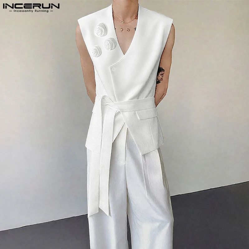 

INCERUN мужские жилеты с цветочным принтом, однотонные мужские жилеты без рукавов с v-образным вырезом на шнуровке, уличная одежда, 2025 г., модные повседневные жилеты в корейском стиле