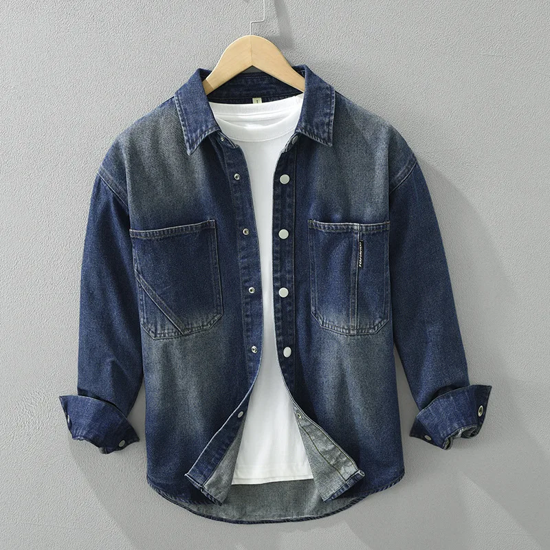 6980 100% Cotton Men\'s Casual Denim Coat Spring Fashion High Quality Long Sleeve Shirt Vintage Dual Pocket Loose Casual Jean Top