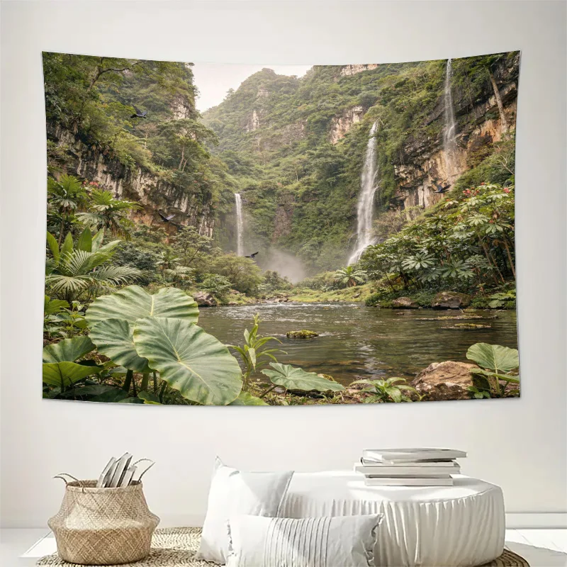 Lush Tropical Jungle Waterfall Forest Tapestry Boho Wall Hanging Greenery Nature Decor Wallpaper Print for Home Living Room Bedr