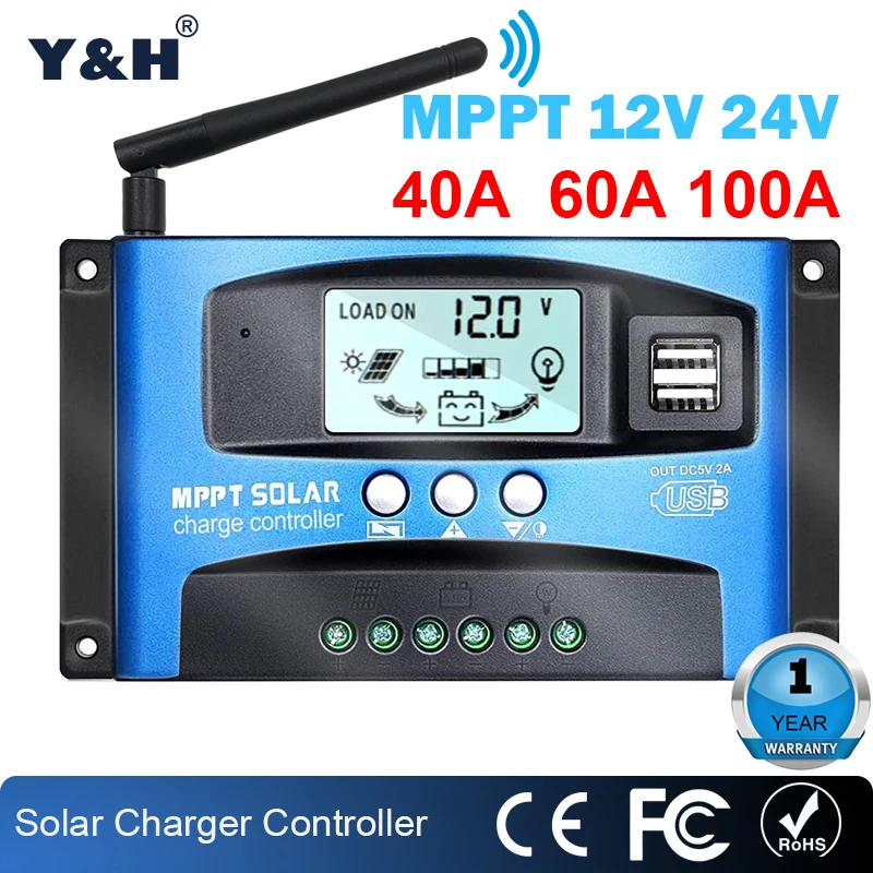 Y&H MPPT Solar Charge Controller 100A 60A 40A Dual USB LCD Display 12V 24V Solar Cell Panel Charger Regulator (Optional WiFi)