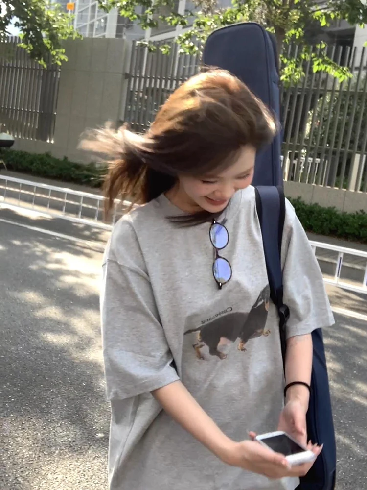 

Летняя женская хлопковая футболка оверсайз ort Sve с принтом Casual Faion Retro Sle круглый Ne Regular Length Commute Sle